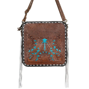 Sac à bandoulière en cuir véritable Vintage fait à la main pour femmes sangle réglable Antique usiné à la main fermeture éclair toile broderie gland - Product Image 1