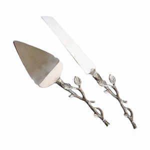 <b>Cake</b> Knife And <b>Cake</b> Server Knife With Leaf Design Handle In Brass Stainless Steel New Arrival For Birthday Event Wedding Parties - Product Image 1