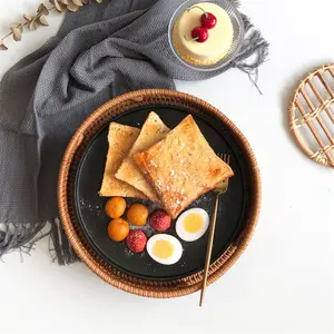 High quality decorative rattan trays round with mother of pearl natural crafts breakfast serving tray rattan furniture