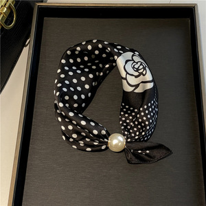 Luxury Custom Printed Elegant <b>Silk</b> <b>Scarves</b> Wholesale Personalized Magnetic Pearl Satin Bandana Neck <b>Scarf</b> - Product Image 3