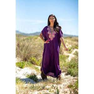 Women Solid Color Embroidered Long Kaftan <b>Dress</b> With V Neck Tassel Detail Boho Beach Resort Maxi Caftan - Product Image 1