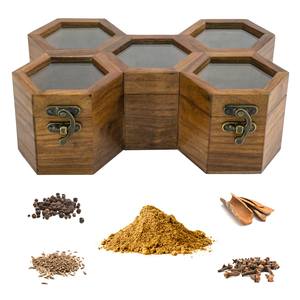 Boîte à épices Masala Daani en laiton Conteneurs hexagonaux en bois boîte à épices armoires de cuisine stockage de poudre épices et herbes utilisation masala - Product Image 5