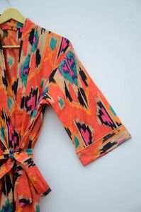 Unisex hecho a mano naranja Ikat estampado lujo 100% algodón Albornoz suave indio casa abrigo ropa de dormir mujeres hombres Spa verano otoño - Product Image 4