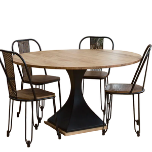 <b>Industrial</b> Solid Wooden And Metal Mango Wood <b>Round</b> Shape Pedestal Base Black & Natural Home Kitchen Bar Restaurant <b>Dining</b> <b>Table</b> - Product Image 3