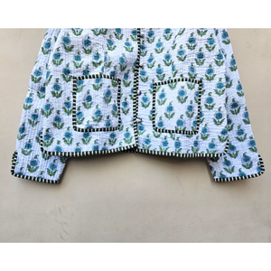 Chaqueta acolchada Floral con estampado de bloques hechos a mano indios, transpirable, bellamente adornado, forro de lino, decoración de rayas, Invierno - Product Image 5