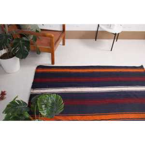 Alfombra Turca Vintage, Alfombra Kilim de 3.2x5.4 pies, Alfombra con Parches de Color Azul - Product Image 4
