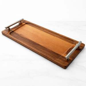 Bandeja de madera para almacenamiento y servicio, con asas de acero inoxidable, acabado liso, para cocina, comedor, mesa de café, decoración del hogar, ¡en oferta! - Product Image 1