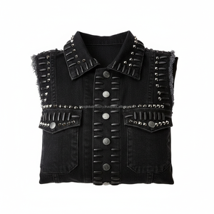 Chemise en jean noire sans manches pour homme, coupe slim, effet vieilli, bords bruts, style décontracté, avec double poches, personnalisable OEM - Product Image 6