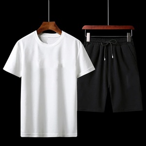 Ensemble de survêtement décontracté pour homme, taille plus, été, imperméable, respirant, 100% coton, t-shirt et short, noir et blanc rayé, contraste - Product Image 2