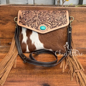 Hot Selling Hand Tooled Leather Fringe Crossbody Bag Cowhide Turquoise <b>Stone</b> Shoulder Bag Western Leather Envelope Women Purse - Product Image 1