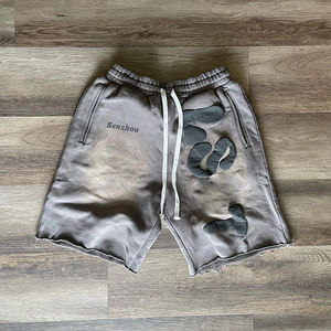 Pantalon de jogging court 100% coton pour hommes personnalisé Streetwear ourlet brut impression bouffante 3D soleil délavé à l'acide solide de Hombre Shorts - Product Image 6