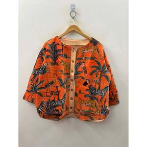Hand Block-Printed <b>Quilted</b> Cotton <b>Jacket</b> in the Jungle Orange for Summer - Product Image 1