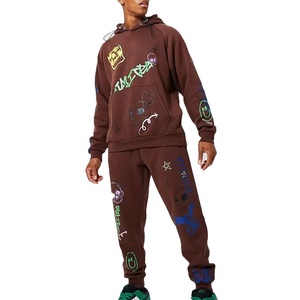 Stylish Unisex Street Two Piece Set Custom Puff Printed Oversized Cotton Fleece Solid Streetwear Hoodie <b>Pants</b> Casual Tracksuit - Product Image 1