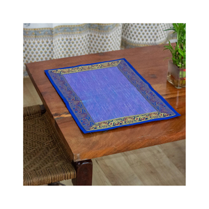 Banarasi Royal Blue Border Stitched Tapis de salle à manger faits à la main avec un look léger en coton brodé Style inspiré de l'art moghol - Product Image 1