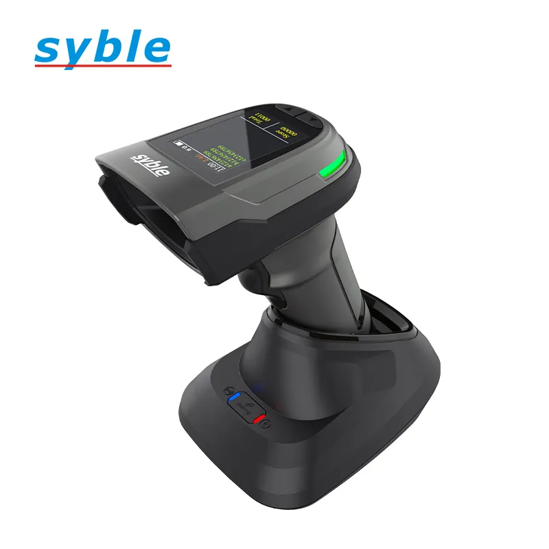 XB-D68T Syble Groothandel Industriële Handheld 2d Draadloze Barcodescanner Met Lcd-Scherm Laadbasis 1d 2d Qr Lezer