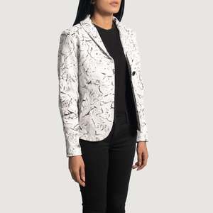 White Knitted Leather Blazer with <b>Single</b> Button Closure Print & Embroidery Plus Size - Product Image 2