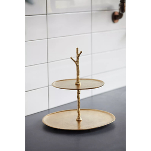 Présentoir à gâteau en acier inoxydable à 2 niveaux au design élégant avec accents en laiton Plateau de service rond et cupcake moderne pour fêtes et événements - Product Image 3