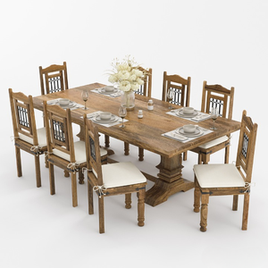 Ensemble table et chaises de salle à manger en teck massif 8 places, dossier en fer forgé, piétement sur pied, artisanal, moderne, écologique, mobilier de maison - Product Image 4