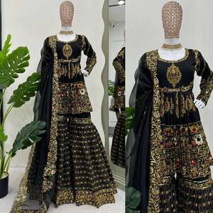 Nuevo Traje Étnico Indio de Georgette con Conjunto Sharara y Dupatta, Bordado con Hilos y Trabajo Zari, Traje Salwar para Mujeres Indias - Product Image 5