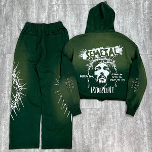 Conjunto de sudadera y pantalón de chándal de algodón 100% con efecto desgastado, bordado, de secado rápido para otoño, con lavado ácido, pantalón de chándal holgado y cremallera con pedrería - Product Image 2