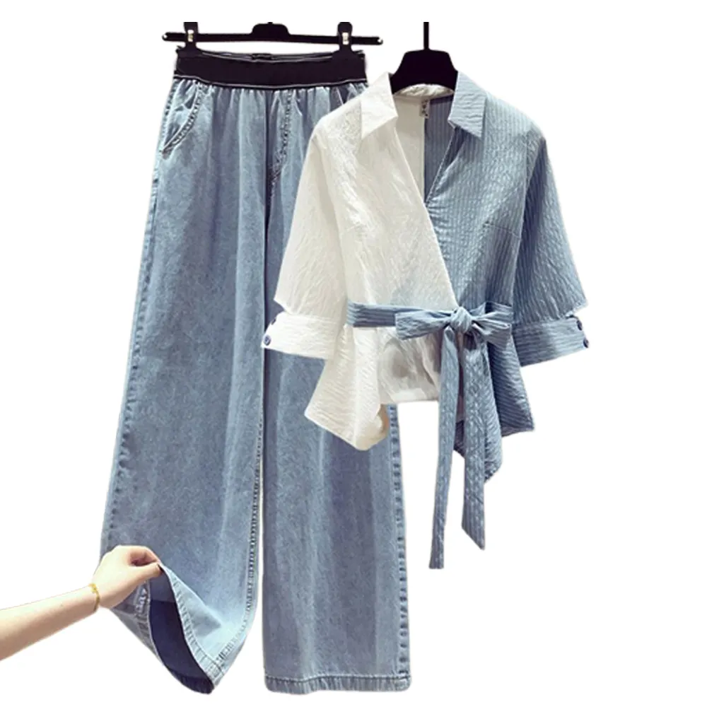 Damen Sommer zweiteilig Set Student Casual Patchwork Shirt Denim Wide Leg Pants Anzug Lady Loose High Waist Jeans