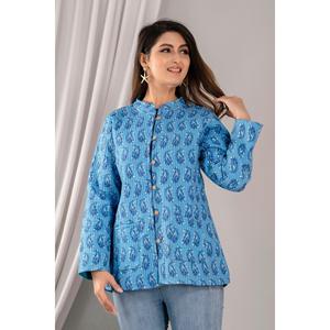 <b>Feather</b>-Decorated Women's Short Blue Quilted Jacket-Boho Style Floral Pattern Winter Coating XL Size - Product Image 5