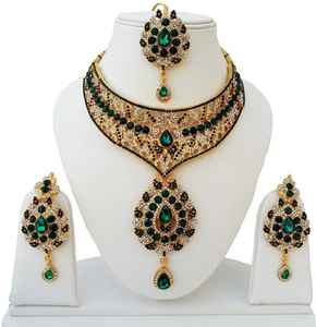 Vintage Style Crystal Rhinestone Shape Alloy Jewelry Set Necklace Earrings Headpiece Green Women Party Wedding - Product Image 1