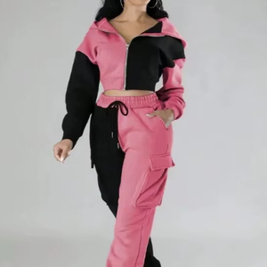 Ensemble deux pièces automne hiver pour femmes survêtement à capuche ample avec fermeture éclair bloquée cordon Cargo pantalon - Product Image 1