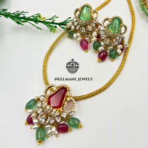 Classic Gold Plated Fine Jewelry Set <b>Ruby</b> Green Stone Pendant Earrings for Wedding Party Gift Engagement Diamond Pearl Accents - Product Image 2