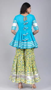 Ensemble Sharara en coton décontracté JAAL avec dupatta en coton, robe à manches courtes, coupe évasée, lavable, avec taille naturelle - Product Image 5