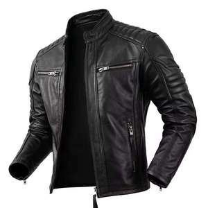 Blouson de motard en cuir de mouton pour homme, col montant en toile enduite, coupe-vent d'hiver, style urbain, logo frontal, pour motards - Product Image 5