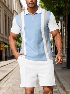 Survêtements d'été 2 pièces pour hommes, ensembles de shorts à manches courtes, tenues de survêtement 1/4 Zip Golf Polo Splicing Chemises à rayures - Product Image 3