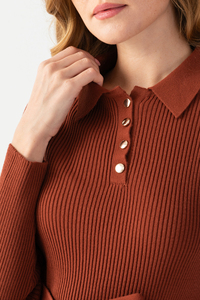 Robe en velours côtelé décontractée pour femmes, confortable et élégante, col polo, manches en tricot, décoration à motif de tour de taille naturel - Product Image 5