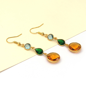 Pendientes Colgantes Bohemios Hechos a Mano con Múltiples Piedras Preciosas |   Topacio Azul, Esmeralda, Citrino |   Boda de Latón Chapado en Oro de 14K Sin Níquel - Product Image 4
