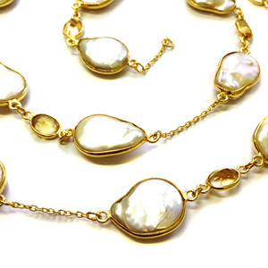 Collar de perlas barrocas y citrino hecho a mano, Gema de citrino, Plata de Ley 925 chapada en oro, cadena larga a la moda para fiesta - Product Image 3