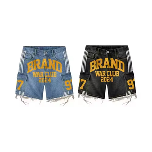Custom Men's Vintage Oversize Denim <b>Jean</b> Shorts Breathable <b>Raw</b> <b>Hem</b> Embroidery Distressed Applique Mid Streetwear Print Y2K Style - Product Image 6