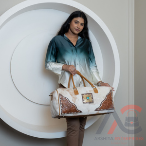 New Arrival Handmade Vintage Stylish Tooled Fur Leather <b>Duffel</b> <b>Bags</b> Unisex Cowhide Fur Leather Turquoise Stone Large <b>Travel</b> <b>Bags</b> - Product Image 4