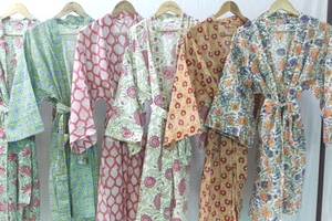 100% coton Kimono bloc imprimé robe pour femmes à la main tenue d'été décontractée avec manches longues et ceinture décoration confortable - Product Image 4