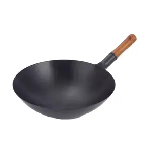 De gros 36cm antiadhésif wok-Wok traditionnel chinois en acier au carbone, casserole en acier au carbone pré-décor avec manche en bois, antiadhésif, 30/32/34/36cm