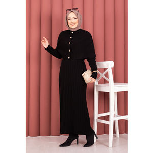 Ensemble robe en tricot avec détails boutonnés, style imprimé décontracté, saison automne, tissage au crochet, couleur noire - Product Image 3