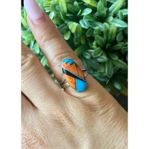 Navajo Multi-Geometric Stone & Platinum Sterling <b>Silver</b> Inlay <b>Ring</b> Size 6-for Everyday Wear with Turquoise <b>Opal</b> Pearl Gemstones - Product Image 2