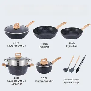 Set panci masak aluminium sehat, panci dan panci aluminium sehat, 12 Set, tidak beracun dengan pegangan tetap dingin, Set peralatan masak