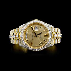 Montre mécanique ETA en acier inoxydable avec diamants en moissanite or jaune en gros, entièrement sertie, élégante, résistante à l'eau 3BAR - Product Image 1