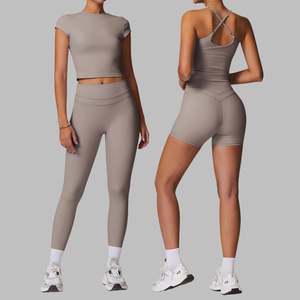 Nouveauté, vêtements de sport de qualité supérieure pour femmes, taille plus, shorts de sport taille haute, t-shirt de sport, ensemble de yoga uni en 2 pièces - Product Image 5