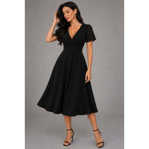Vestido Corto de Crepé con Cuello en V y Mangas de Tul con Detalles de Pedrería para Mujer, 36298 - Negro - Product Image 3
