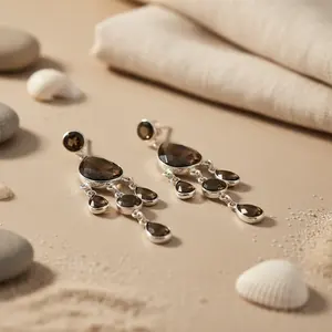 ต่างหูห้อยประดับควอตซ์สโมกกี้ ชุบทอง 18K เงินแท้ 925 สำหรับผู้หญิง เหมาะสำหรับงานแต่งงานและงานปาร์ตี้ ประดับด้วยเพชรโมอิสซาไนต์และมุก - Product Image 1