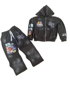 Ensemble de survêtement streetwear pour homme, sweat à capuche court à double fermeture éclair, en molleton lourd personnalisé, délavé à l'acide, décoloré par le soleil, avec strass, taille plus - Product Image 1