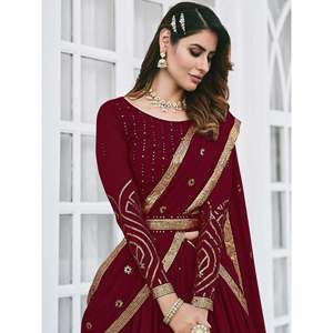 Vestidos de Noche Elegantes de Georgette con Lentejuelas Color Granate, Lehenga Choli para Bodas - Product Image 1