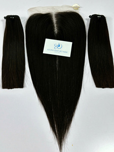 Extensions de cheveux naturels indiens Remy double drawn, tissage machine, cheveux vierges noirs lisses, closure frontale en dentelle 13x6 - Product Image 2