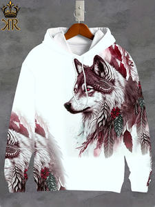 Men's Retro Style <b>Wolf</b> and Feather Pattern Hooded Sweatshirt With Drawstring and Kangaroo Pocket, Sports Hoodie for Fall - Product Image 6